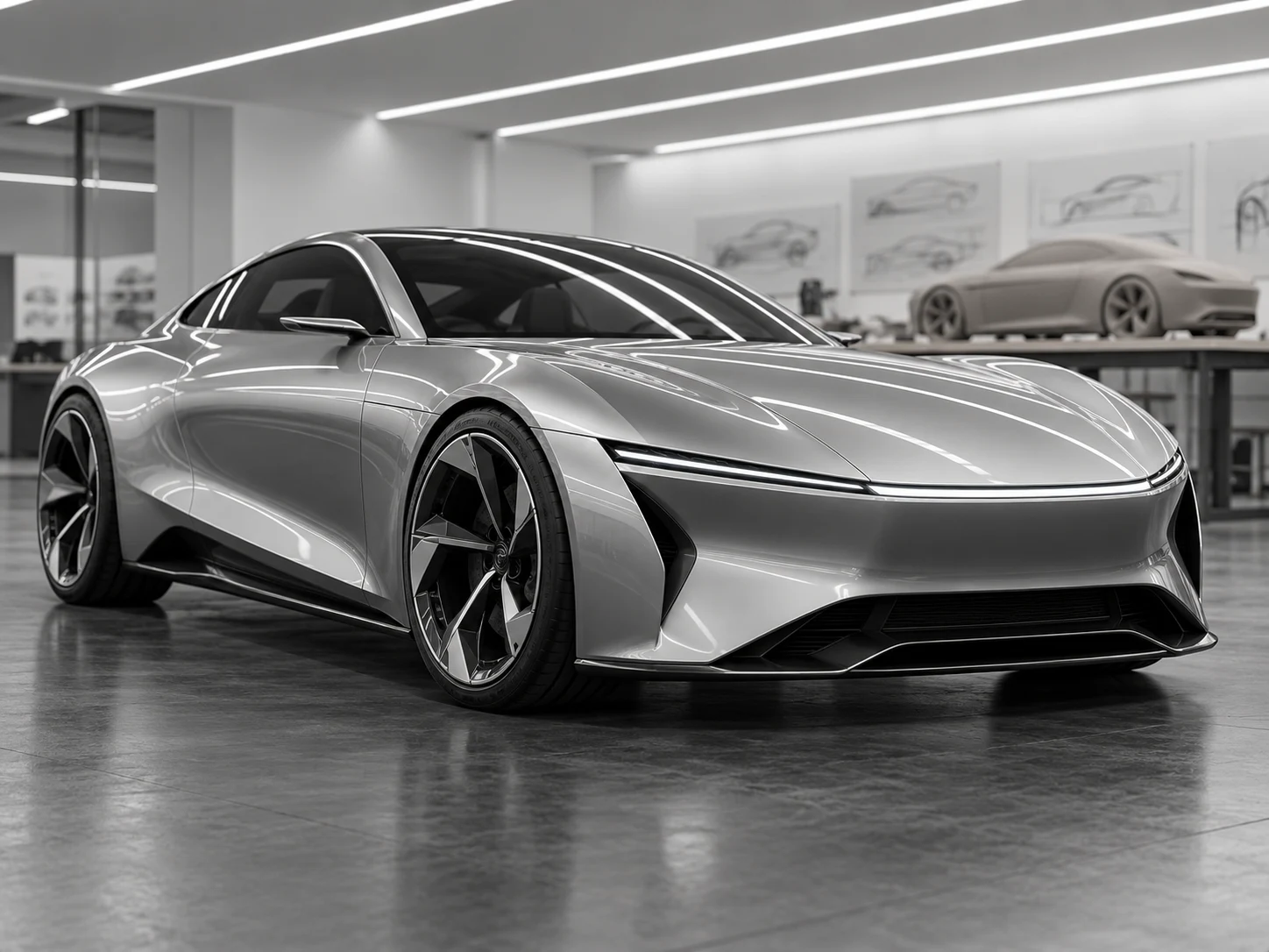 Unbranded silver vehicle concept and clay model in an automotive design studio