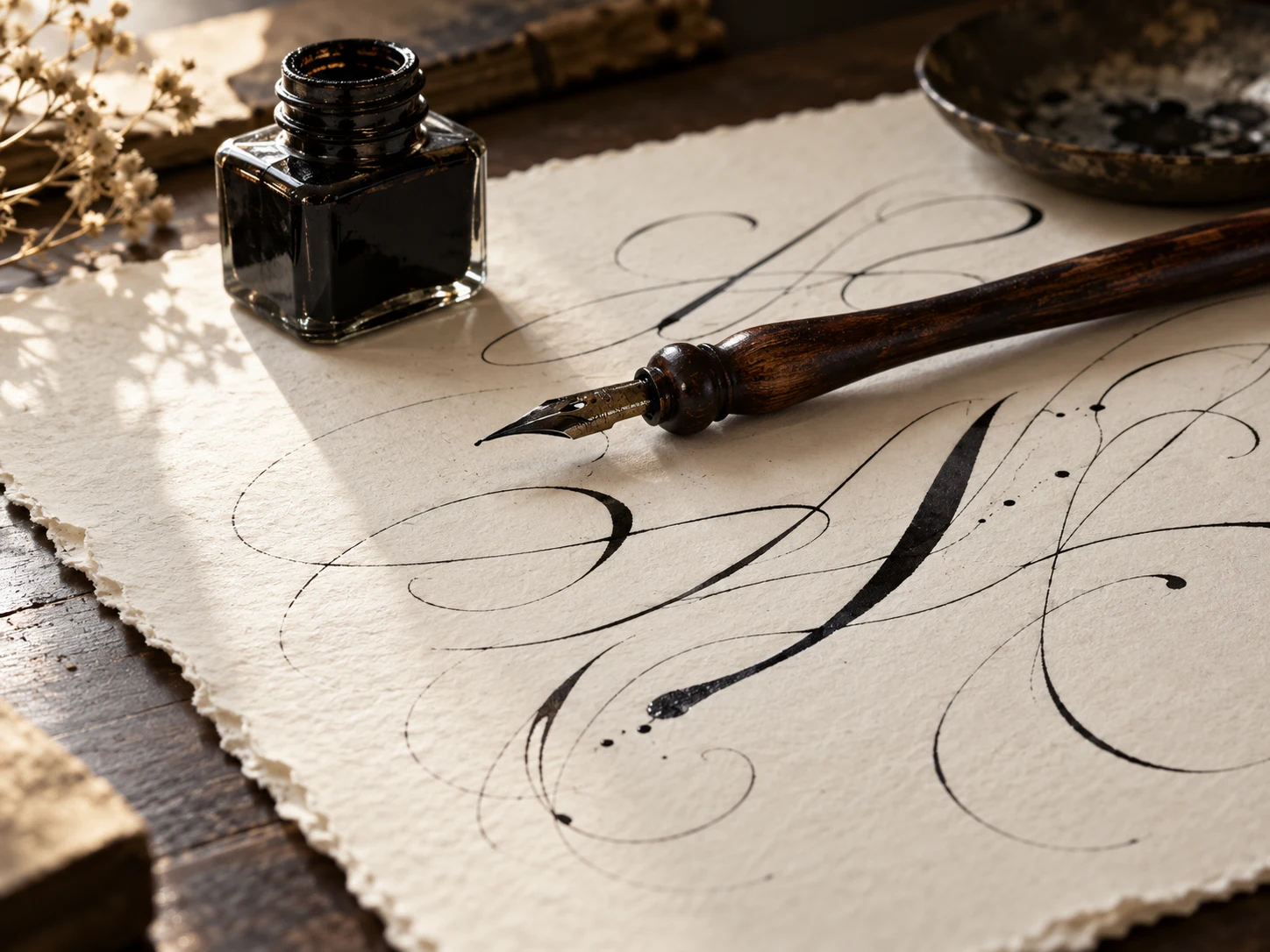Dip pen, black ink and expressive calligraphic strokes on textured paper