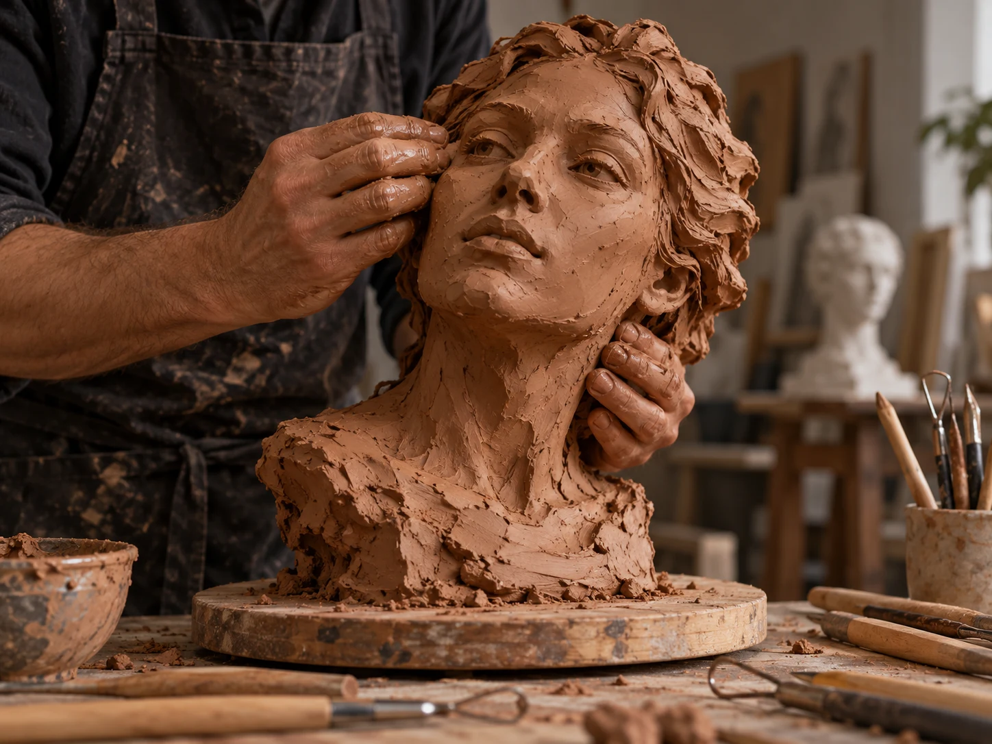 Hands shaping a terracotta portrait bust with sculpting tools