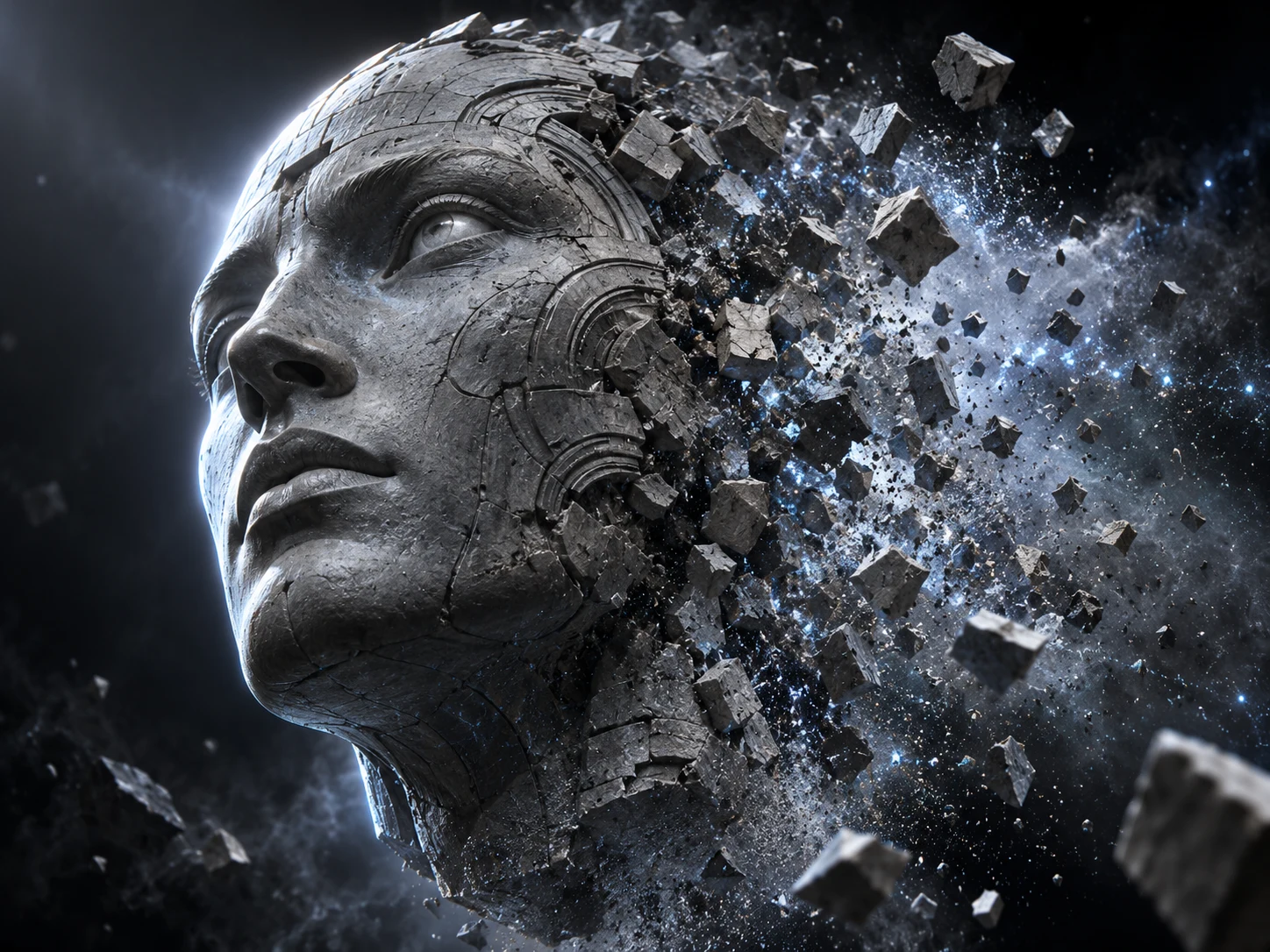 Cinematic CGI concept of a sculpted head dissolving into particles