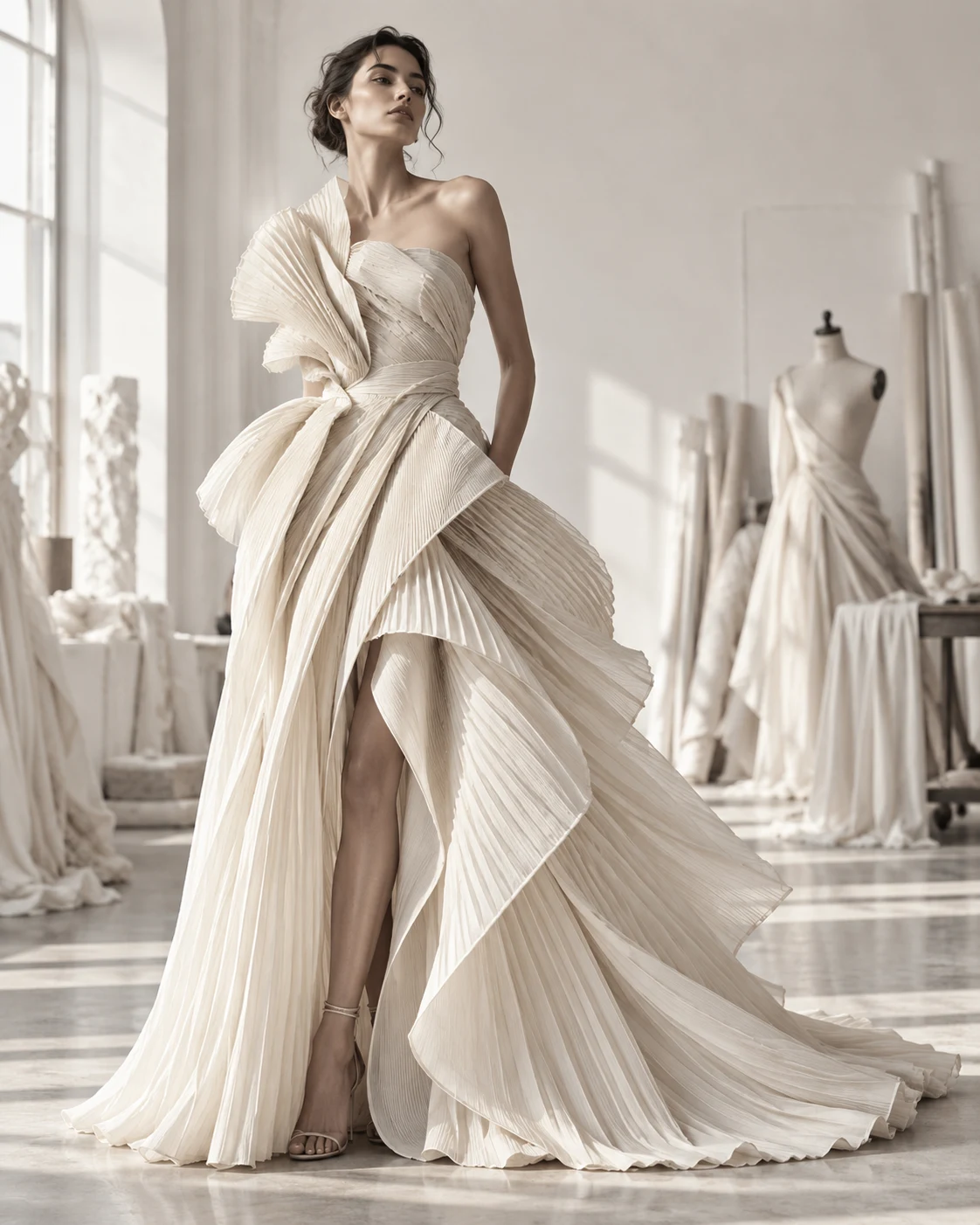 Editorial concept of an ivory sculptural dress in a fashion atelier