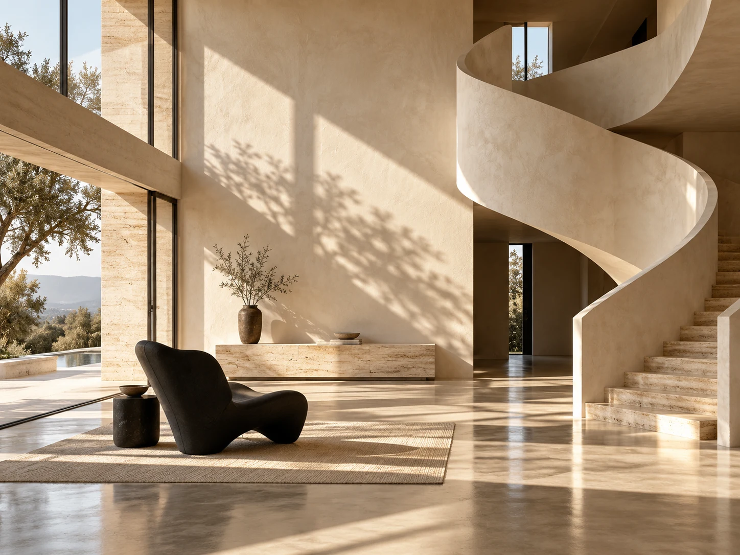 Concept interior with a curved stair, warm stone and sculptural chair