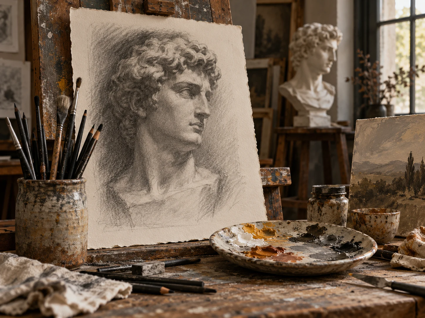 Charcoal study, brushes and painting materials in an artist studio