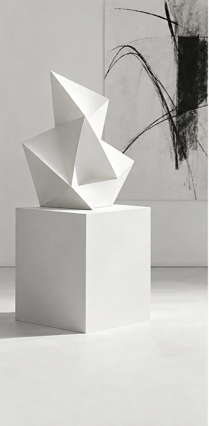 White paper sculpture with expressive charcoal drawing