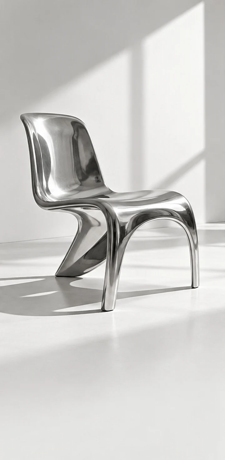 Sculptural chrome chair in a light-filled gallery