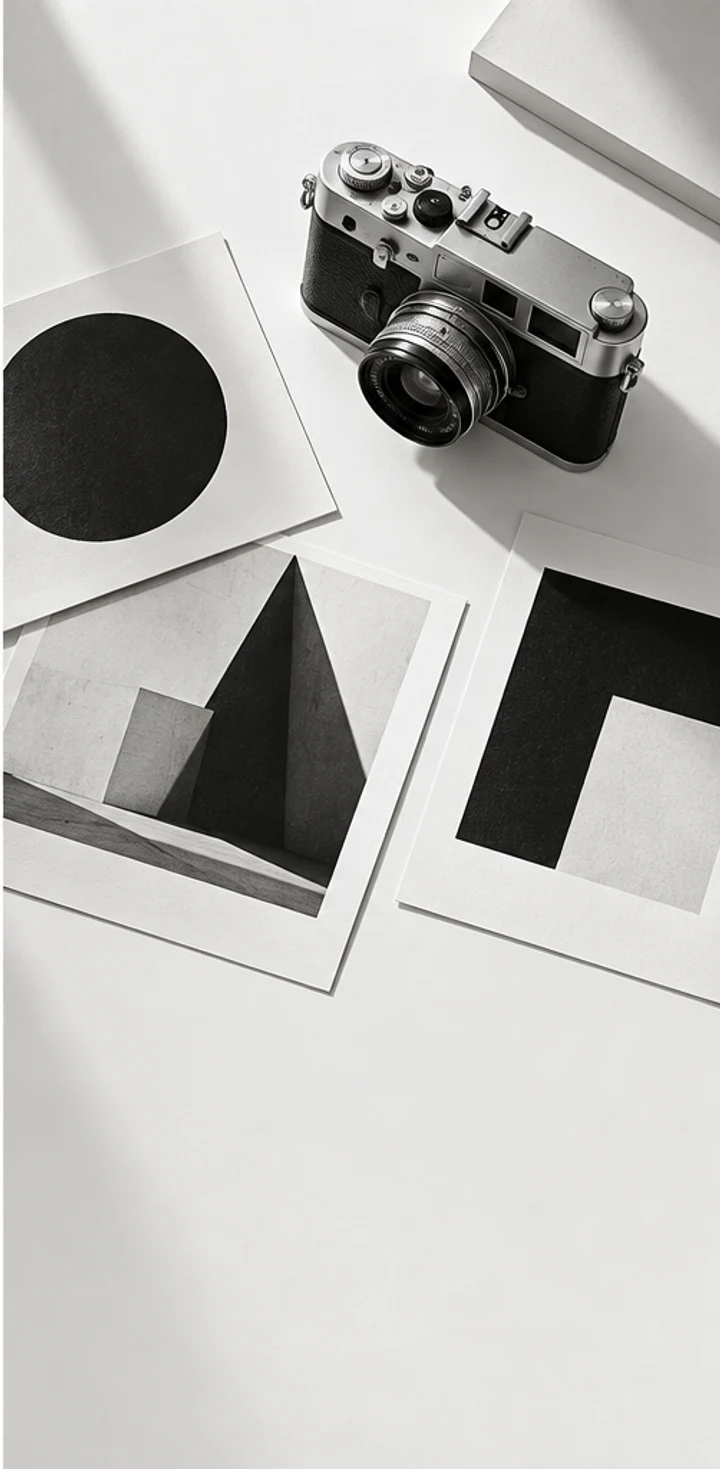 Camera and geometric prints on a studio table